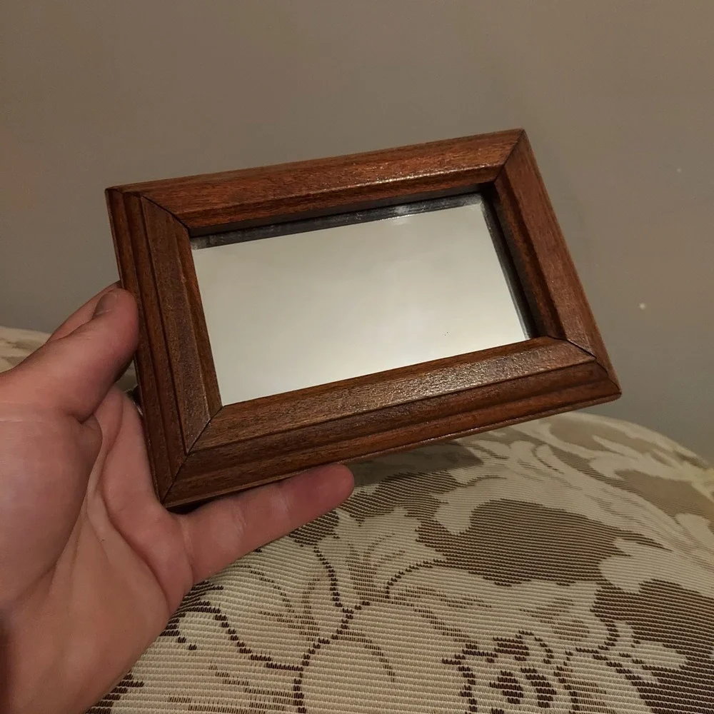Vintage Wood Frame Wall Mirror Rectangular Brown Beveled Small 6.5x4.5 Inch